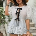 thumbnail image 6 of Womens Y2K Peplum Babydoll Tops Bow Tie Front Shirt Top Puff Short Sleeve Ruffle Hem Shirts Loose Fit Lace Up Blouse, 6 of 6