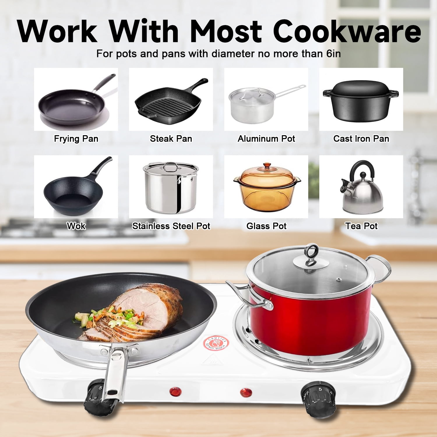 Hot Plate,Double Burner, 2000W Electric Stove Burner with 5 Levels Temperature Control, Countertop Double Coil Burner Cast Iron Cooktop for All Cookwares Home Camp RV,White