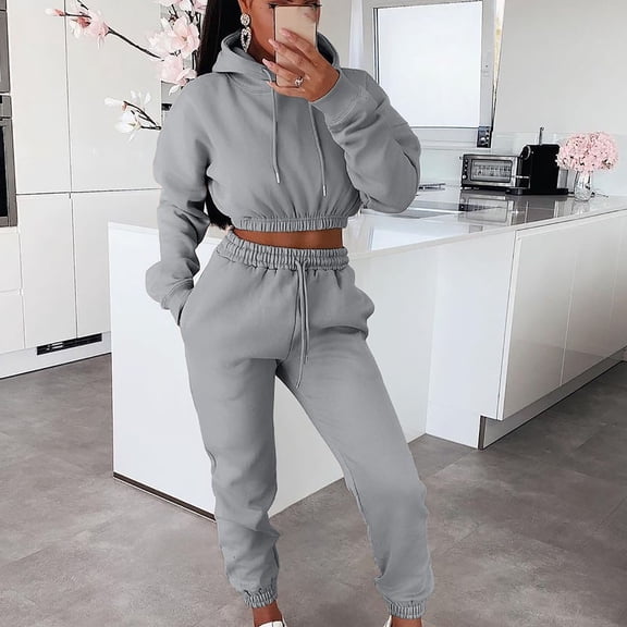 Jacenvly Sweatpants Women Solid Soft Warm Sportswear Set Hooded Pocket Sweatshirt Elastic Waisted Sweatpants Loose Casual Fall Winter Suit Gray