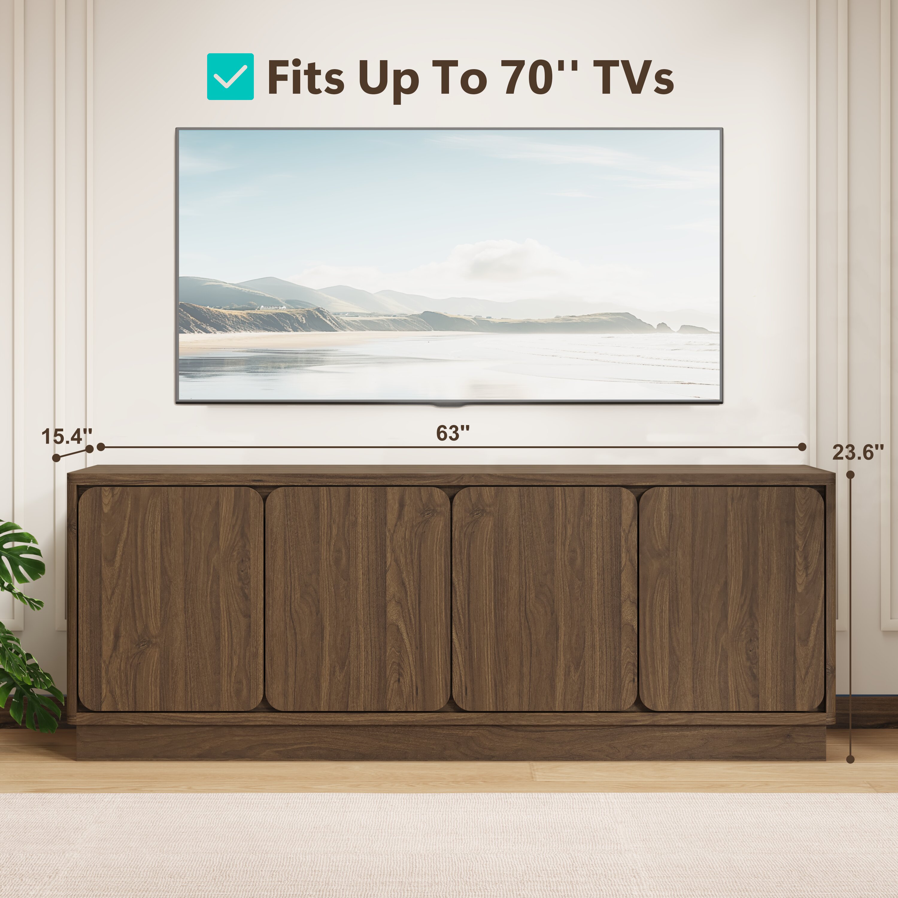 Mintazer 63'' TV Stand with 4 Storage Doors, Low Profile Storage Media Console Table with Cable Holes for Living Room, Kitchen, Bedroom & Entryway, Walnut
