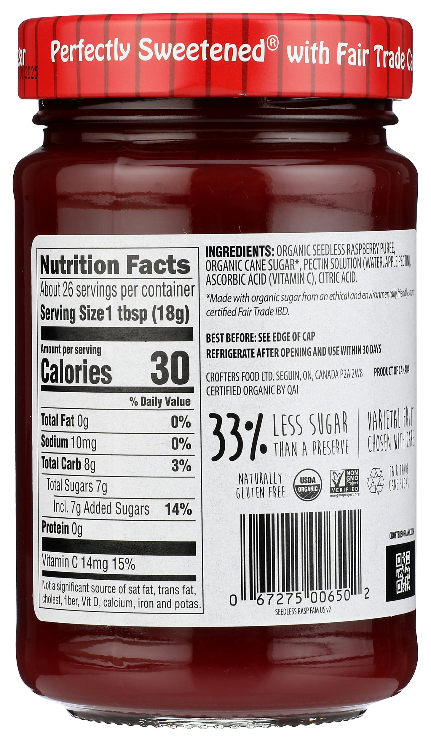 Pack of 6, Crofters Organic Seedless Raspberry Spread, 16.5 oz