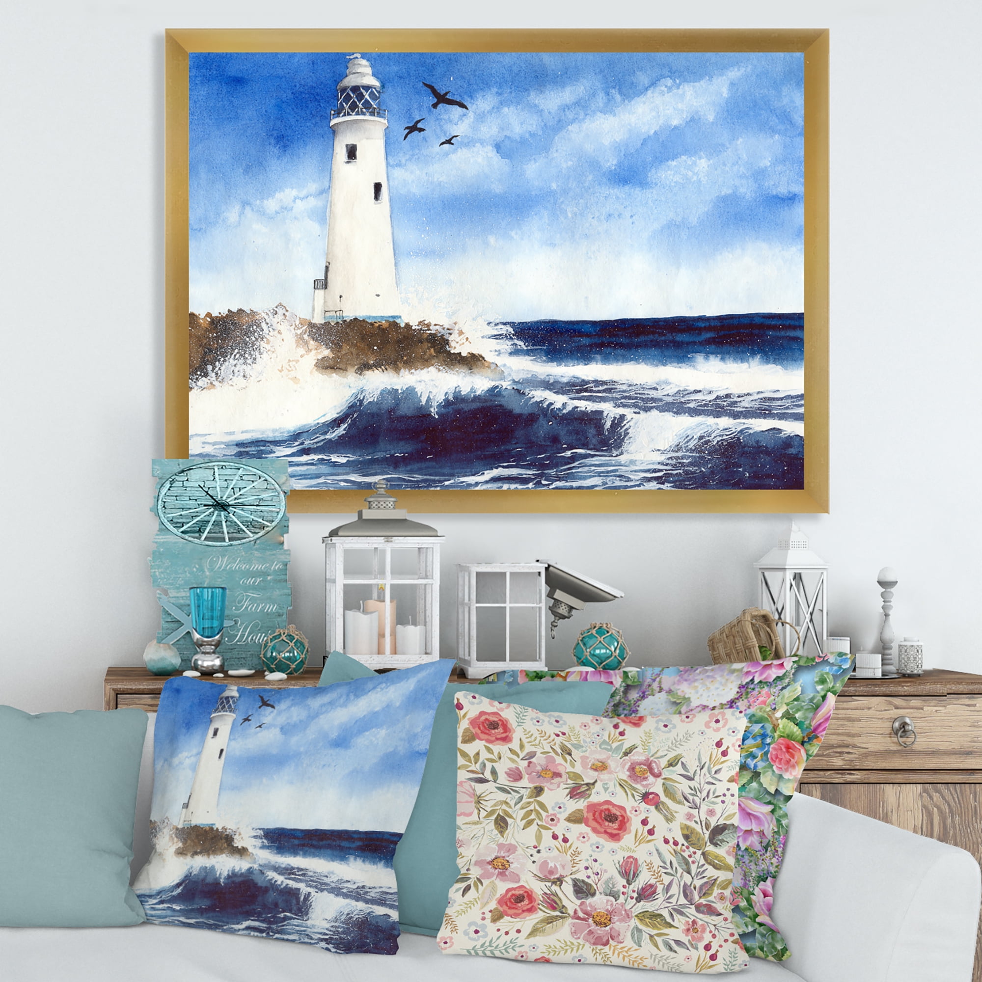 Designart 'Seagulls With Lighthouse On The Rocky Island' Nautical & Coastal Framed Art Print