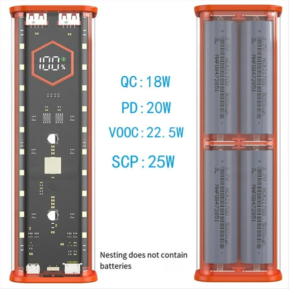 Caja de Almacenamiento de Batería 21700, 4 Ranuras, Caja de Banco de Energía DIY para Cargador 21700, Salida USB Dual, Entrada Tipo C, Naranja