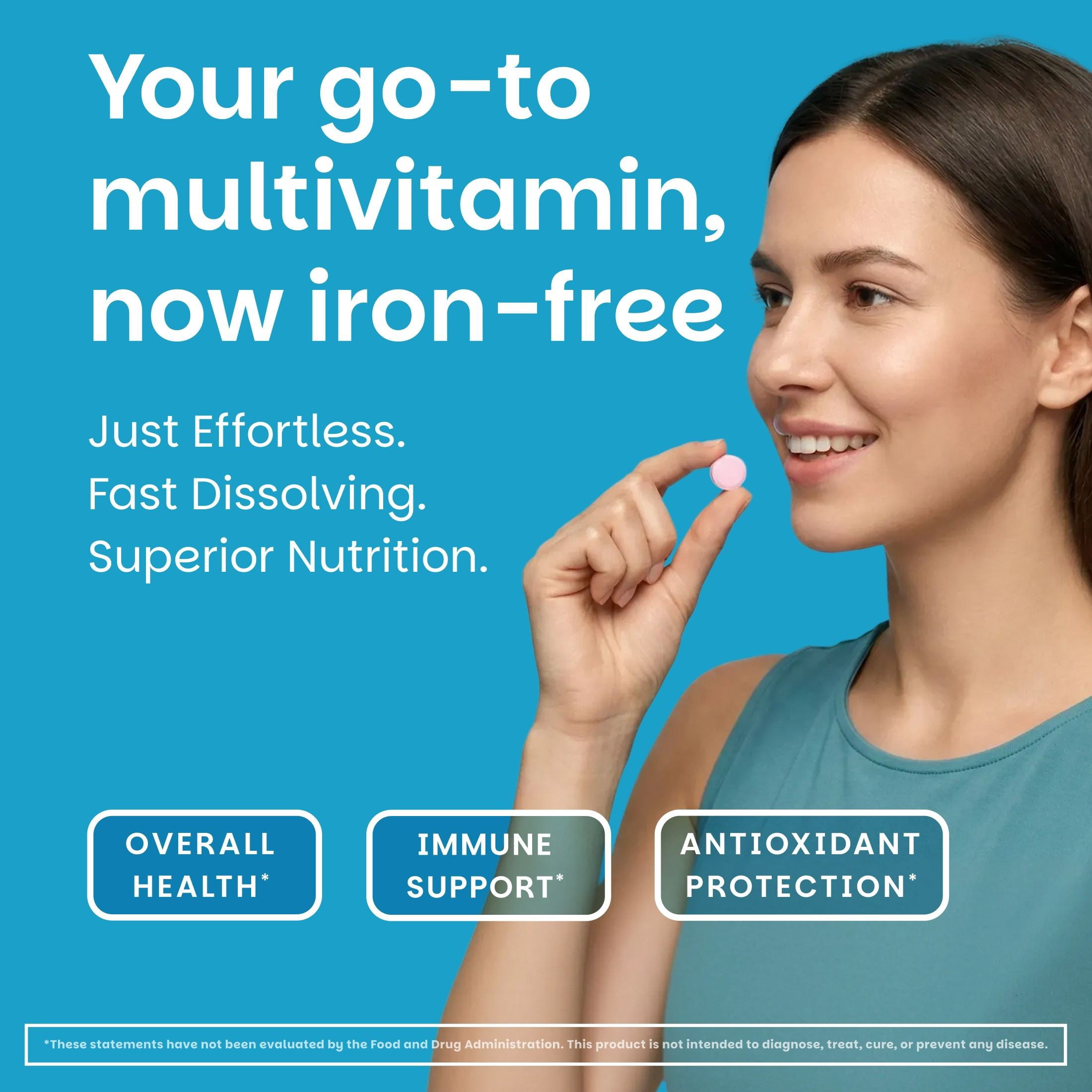 EZ Melts Multivitamin Without Iron - Daily Supplement with 18 Vitamins & Minerals - Contains Vitamin C, Folate, Biotin & More - Non-GMO & Vegan - Apple - 60 Dissolvable Tablets (30 Servings)