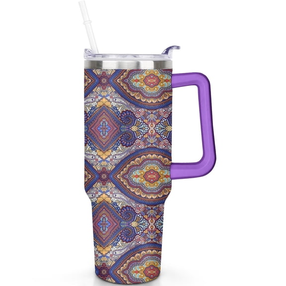 40 oz Stainless Steel Vacuum Insulated Bohemia Tumbler with Spill Proof Lid Straw Cup Holder Compatible Travel Water Boho Gifts for Men Women