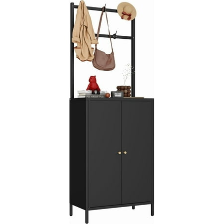 ONZA Hall Tree, 72” Shoe Cabinet with Coat Rack, 2-Door Metal Shoe Organizer with 3 Adjustable Shelves & 5 Hooks, Farmhouse Hallway Cabinet for Shoes, Hats, Clothes, and Home Storage, Black