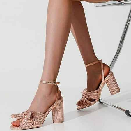 Womens Heeled Sandals Pleated Bow Knot Ankle Strap Open Toe High Block Chunky Heels Sandals Dress Bridal Wedding Shoes Pumps