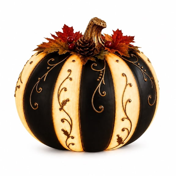 Lilixerw Halloween Lighted Pumpkin Ornament, Black White Stripe Pumpkin with Golden Scroll Pattern, for Tabletop, Mantel and Shelf Decoration, 5.91x7.09 inch