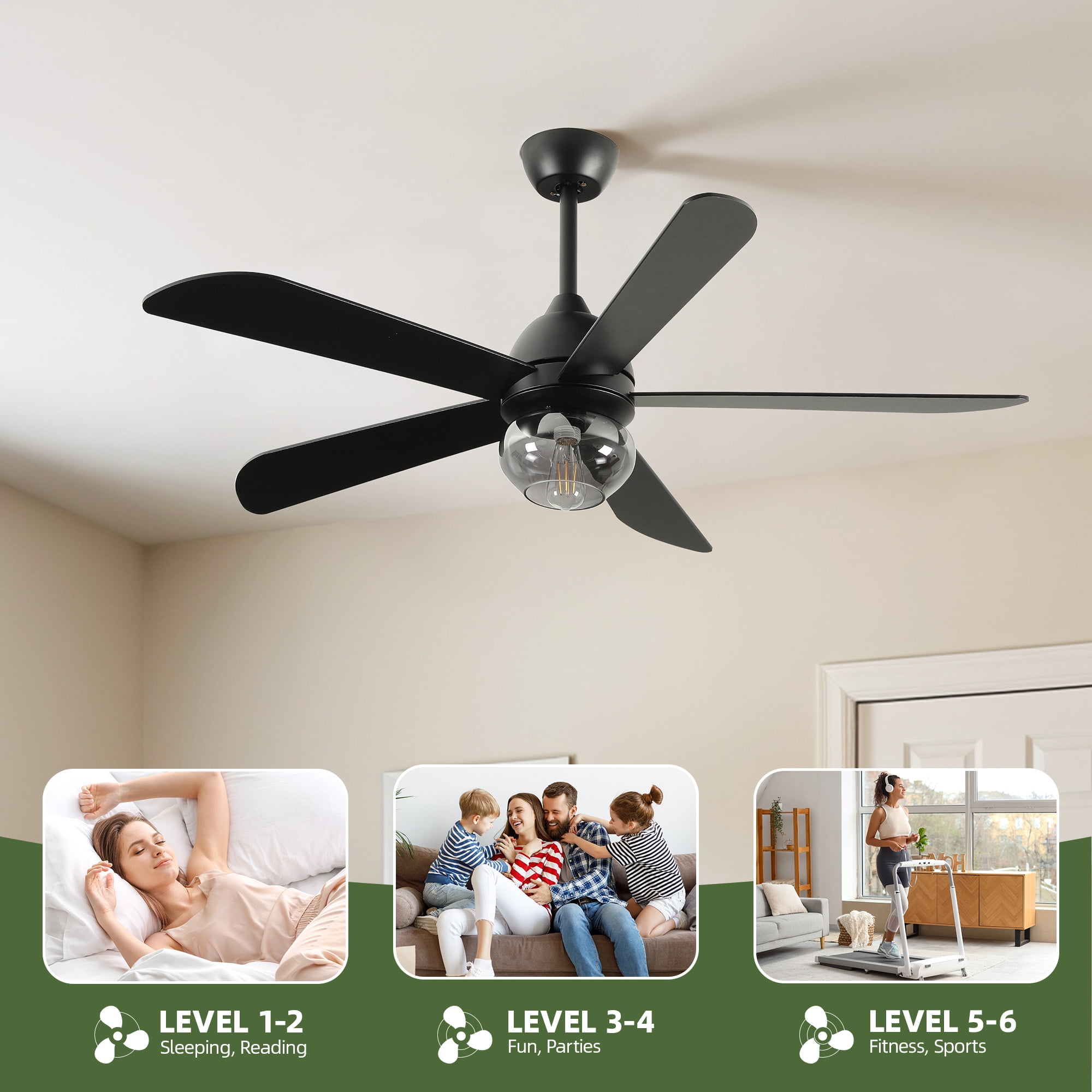 Uforic 52 inch Indoor Black Ceiling Fan with Light and Remote Control,Quiet 6-Speed Reversible DC Motor, 5 Blades for Living Room, Bedroom