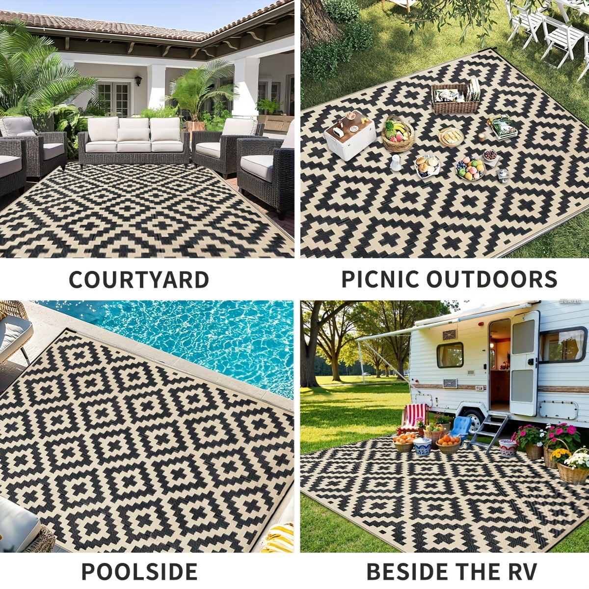 Kzaei Waterproof Outdoor Rug, 4'x6' Reversible Plastic Camping Area Rugs, Black & Beige