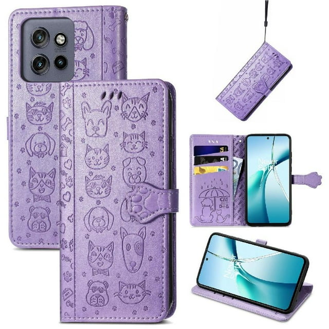 Funda Cartera FOXDOCK para Motorola Edge 50 Neo , Flip PU con Relieve de Gatos y Perros, Tarjetero y Soporte