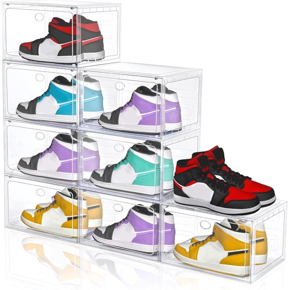 Large Shoe Boxes Clear Plastic Stackable, 8 Pack Drop Side Shoe Storage Organizer with Magnetic Door, Shoe Container Sneaker Storage Display Case Fit up to US Size 13 CLEAR