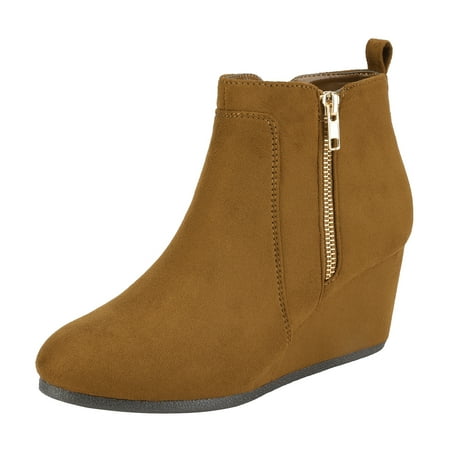 

Dream Pairs Women s Winter Warm Booties Low Wedge Ankle Boots Round Toe Suede Zip Boots Double Tan/Suede Size 7