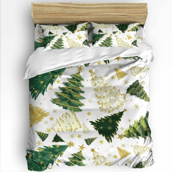 Christmas Tree King Size Comforter Set, Green Xmas Tree Snowflake Star Winter Soft Bedding for All Seasons, 4 Pcs Bed Set with 1Comforter (90"x106") ,1 Sheet(94"x116"), 2 Pillowcases (19"x35")
