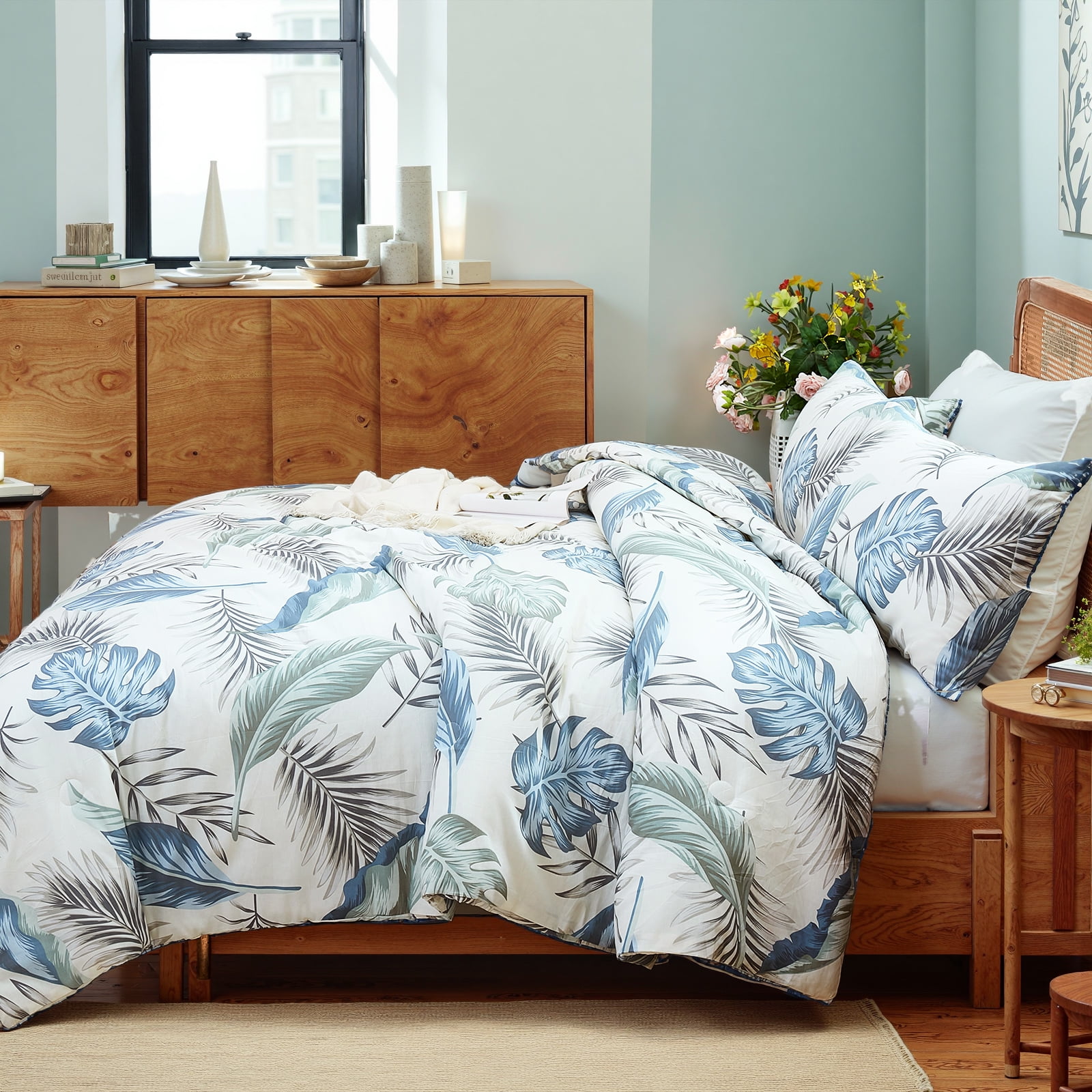 100% Cotton Comforter Set Queen Size, Botanical Floral Comforter with 2 Pillowcases, Vintage Garden Flowers Pattern, Soft Breathable Bedding for All Seasons