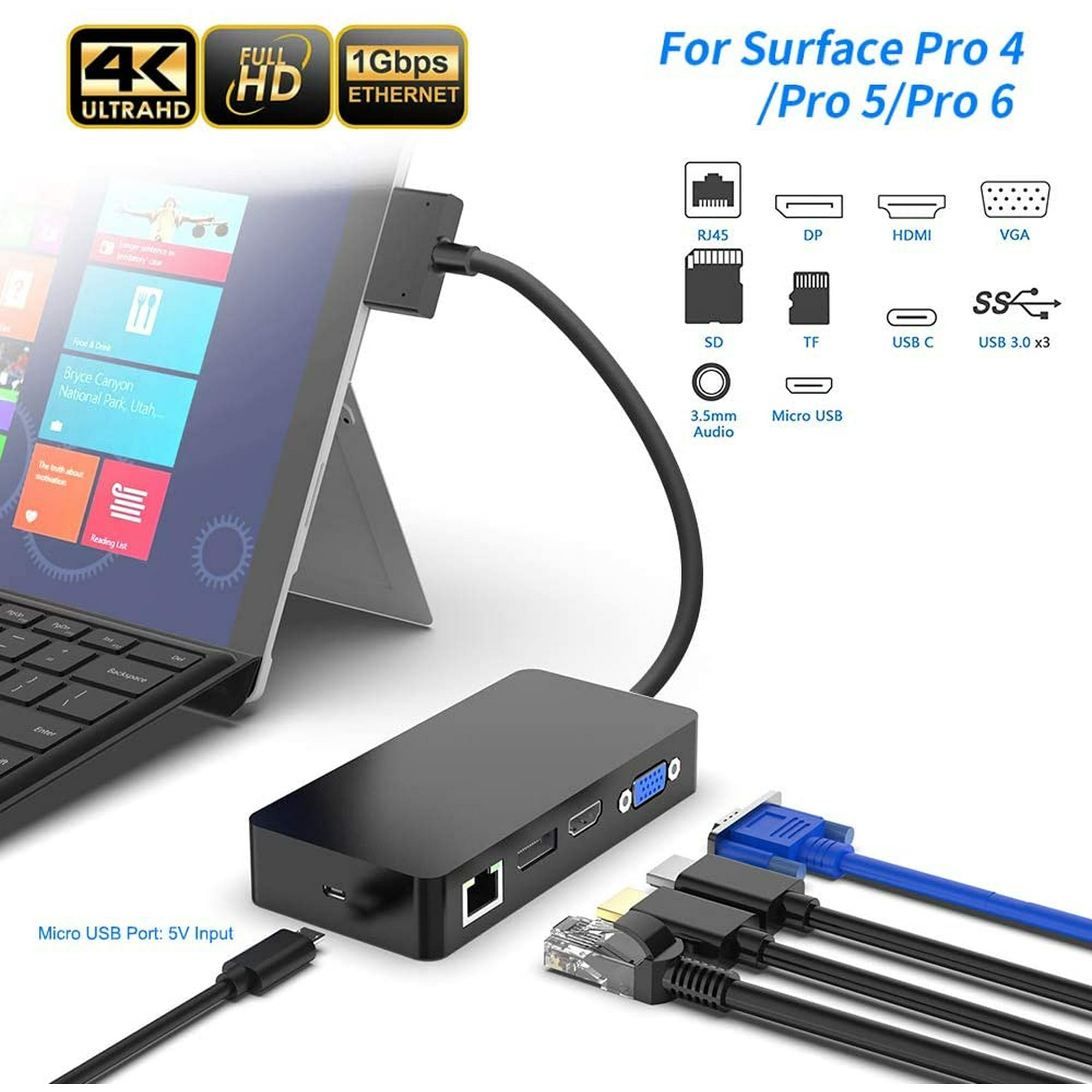 Docking Station Surface Pro 6 Pro 5 Pro 4 Usb Hub With 4k Hdmi Vga Dp Micro Usb Charging 3 Usb 3 0 Port 1000mb S Walmart Canada