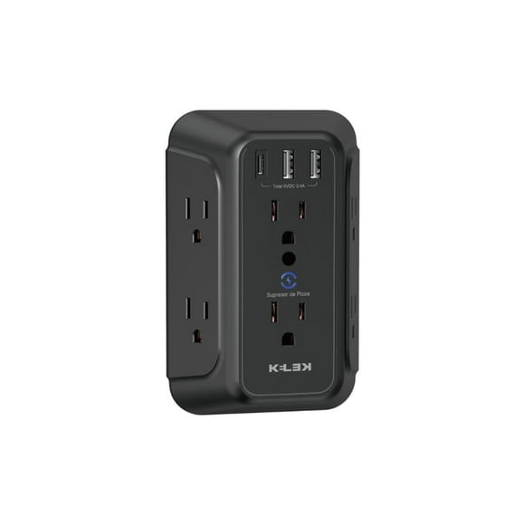 KELEK MULTICONTACTO DE Pared C/6 Salidas 127V, 2 USB A Y 1 USB C - Negro (Negro)