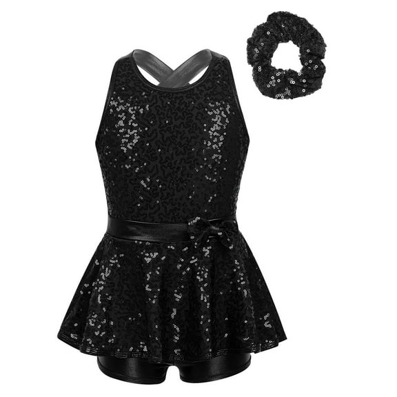 Alvivi Girls Sequin Dance Dress Sleeveless Skirted Leotard with Hair Tie Hip Hop Jazz Dance Performance Costume Black 8