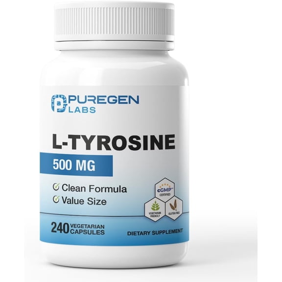Puregen Labs L-Tyrosine 500 mg Vegetable Capsules, Brain and Nervous System Support, Gluten Free, 240 Count, 1PK