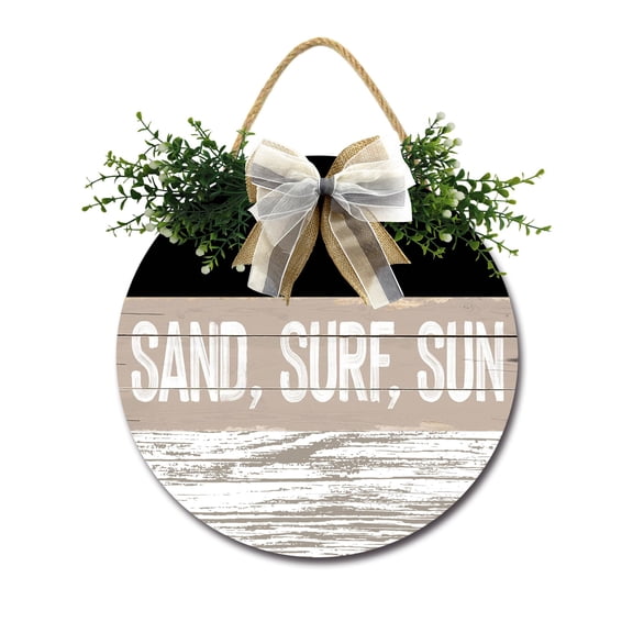 Eveokoki Sand, Surf, Sun Front Door Sign Funny Wreaths Hanging Wooden Plaque Decoration Round Rustic Wood Farmhouse Porch Decor for Home Front Door Decor, 11 x 11 Inch
