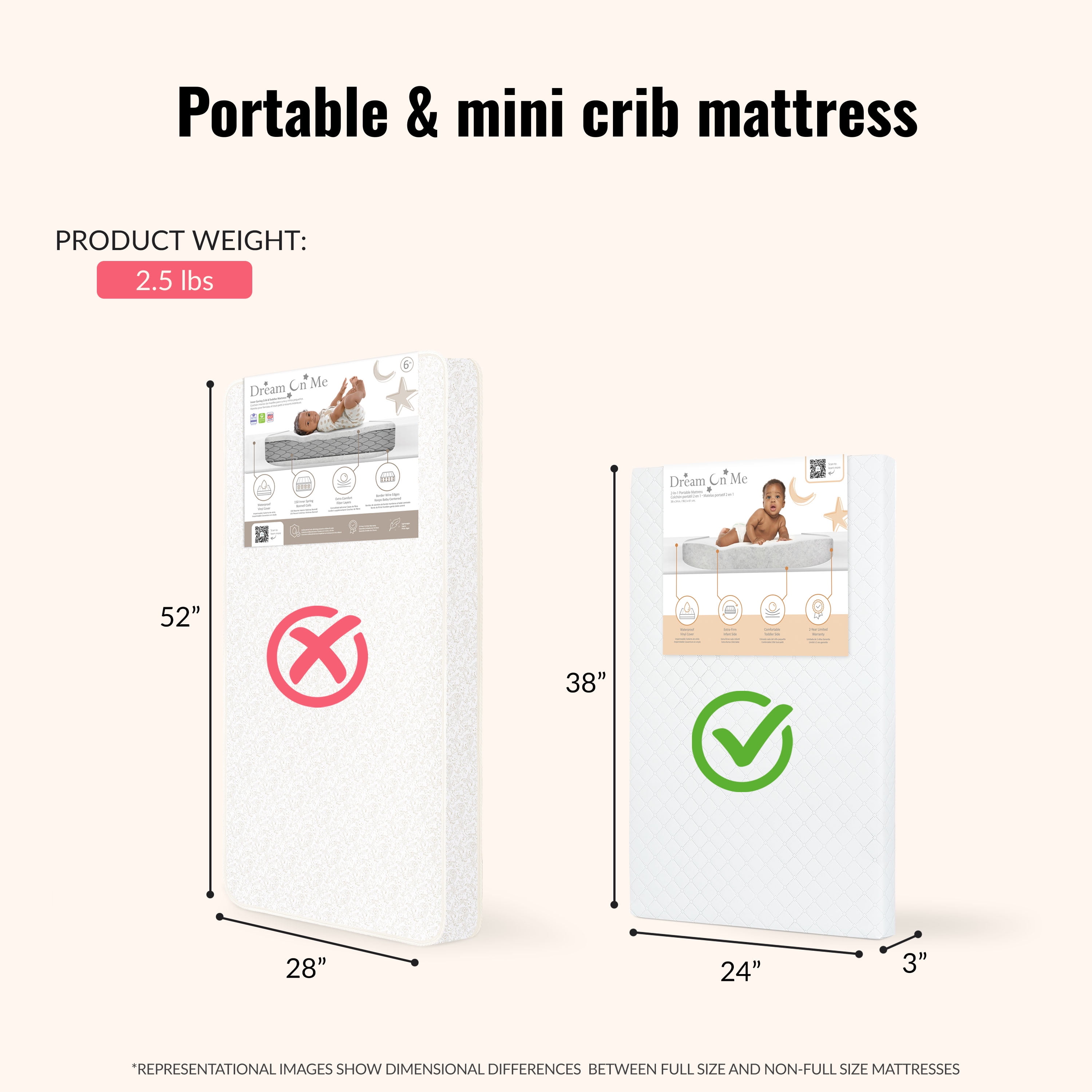 Dream On Me Sunset 3” Extra Firm Mini Crib Mattress | Greenguard Gold Certified | Waterproof Vinyl Cover | Fits Mini and Portable Cribs