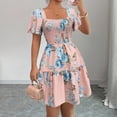 thumbnail image 2 of HAJWOH Summer Dresses for Women 2026 Vacation Smocked Square Neck Floral Mini Dress Short Sleeve Ruffle Peasant Sundress, 2 of 8