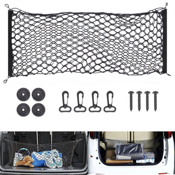 VFM Car Rear Cargo Net, Universal Adjustable Elastic Trunk Cargo Storage Organizer Net Compatible for SUV, Jeep, Truck, Storage Nylon Mesh Double-Layer with Hooks (Regular or Large)