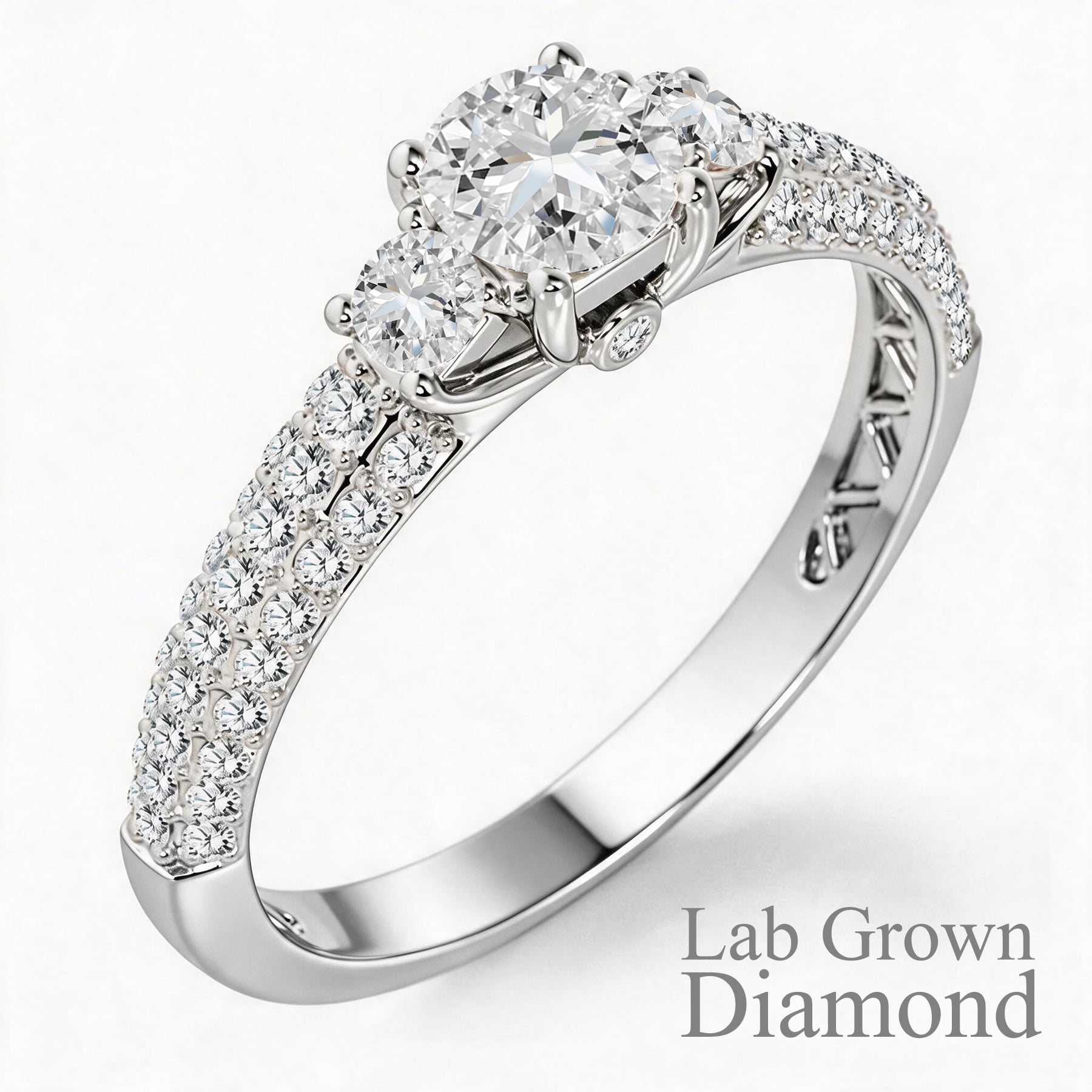 JeenMata 1 Carat Round Cut Lab Grown Diamond Classic Three Stones Engagement Ring - Vintage Style Micro Pave Wedding Ring in 18K White Gold Plating for Women