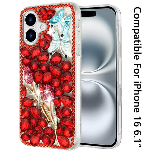 For Apple iPhone 16 Pro (6.3") Bling Crystal 3D Full Diamonds Luxury Sparkle Rhinestone Ornaments Fashion Hybrid Cover, XPM Phone Case [Red Exquisite Garden]