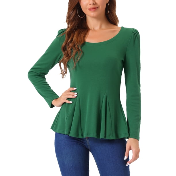 Camiseta peplum casual de manga larga con escote redondo para mujer M Verde Oscuro