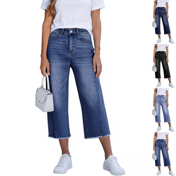 Womens Pedal Pusher with Pockets Frayed Raw Hem Wide Leg Capri Jeans Trendy Mom High Waisted Denim Capris with Pockets(Royal Blue,XL)