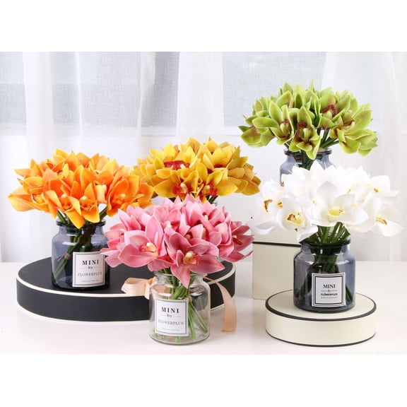 Real Touch Artificial Fake Plants Silk Cymbidium Orchid Flowers Arrangements Wedding Bouquets Decorations Plastic Floral Table Centerpieces Home Kitchen Garden Party