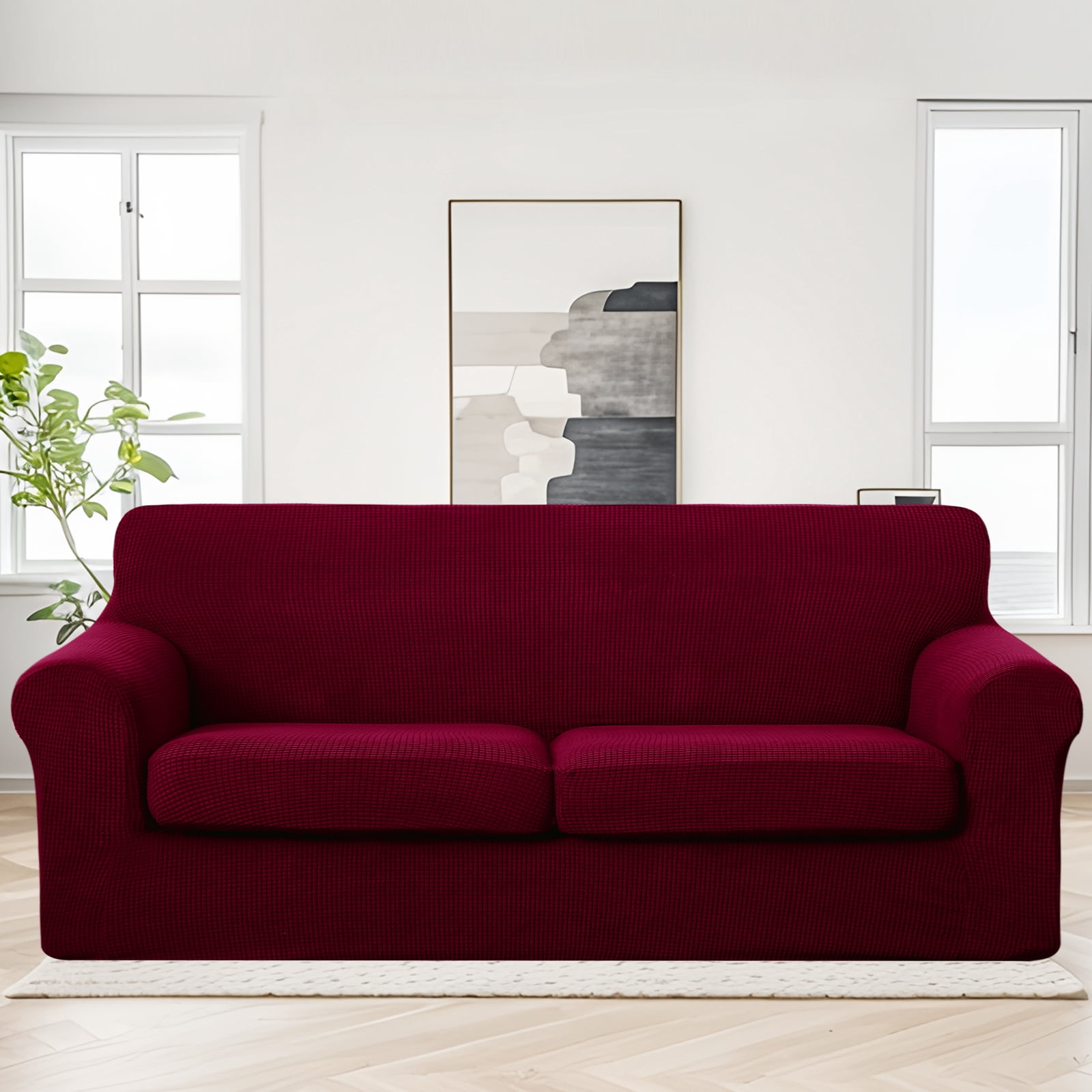 U-NICE HOME 3 Pieces Stretch Couch Cover Sofa Cover Washable Sofa Slipcover With Individual Seat Cushion for 2 Cushion Couch Sofa Pet Friendly, Burgundy