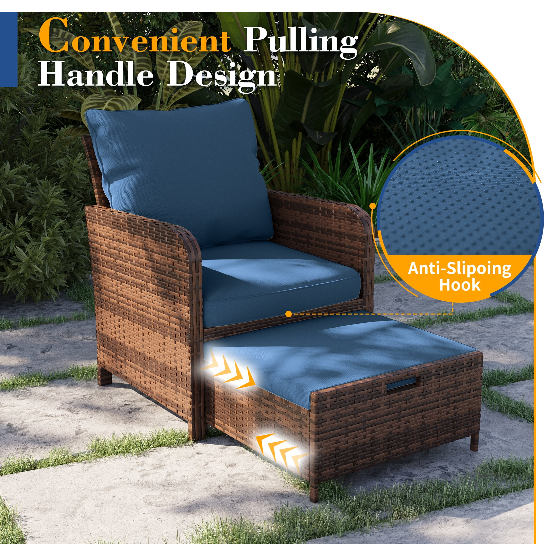 Poteban Balcony Furniture 5 Piece Patio Furniture Set, Outdoor Patio Chair with Ottoman for Front Porch Deck, Wicker Lounge Chair with Side Table,Blue