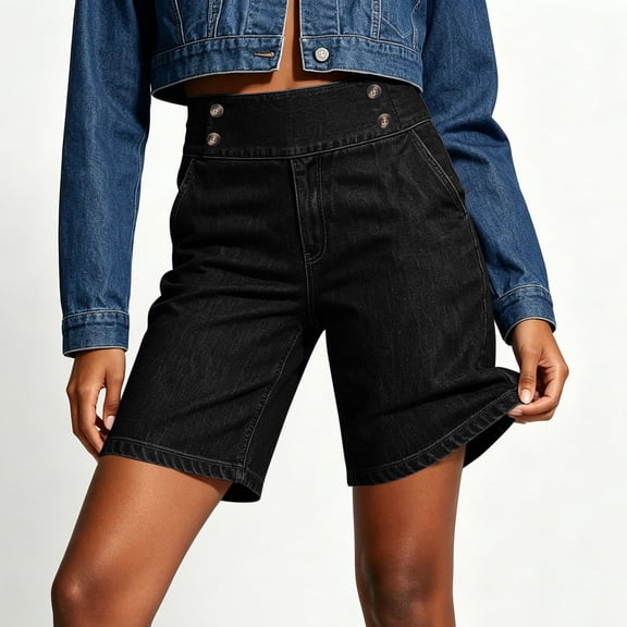 hoksml Women High Waist Denim Bermuda Shorts, Button Detail Straight Leg Casual Jean Shorts, 60% Cotton Blend