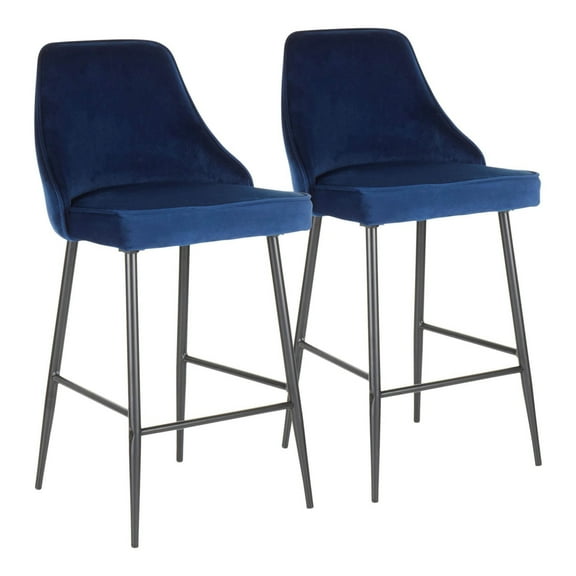 Marcel Contemporary Counter Stool In Black Metal And Navy Blue Velvet - Set Of 2