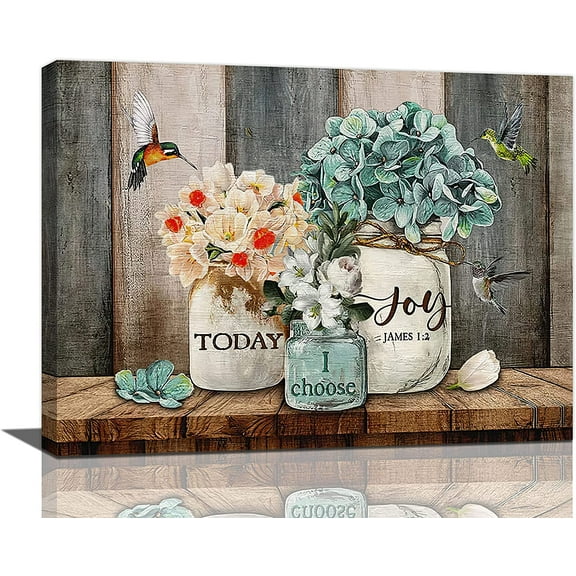 Farmhouse Wall Art Rustic Bathroom Decor Country Flower Hummingbird Pictures For Wall Today I Choose Joy Canvas Print Artwork For Bathroom Living Room Bedroom Framed 16"x12"