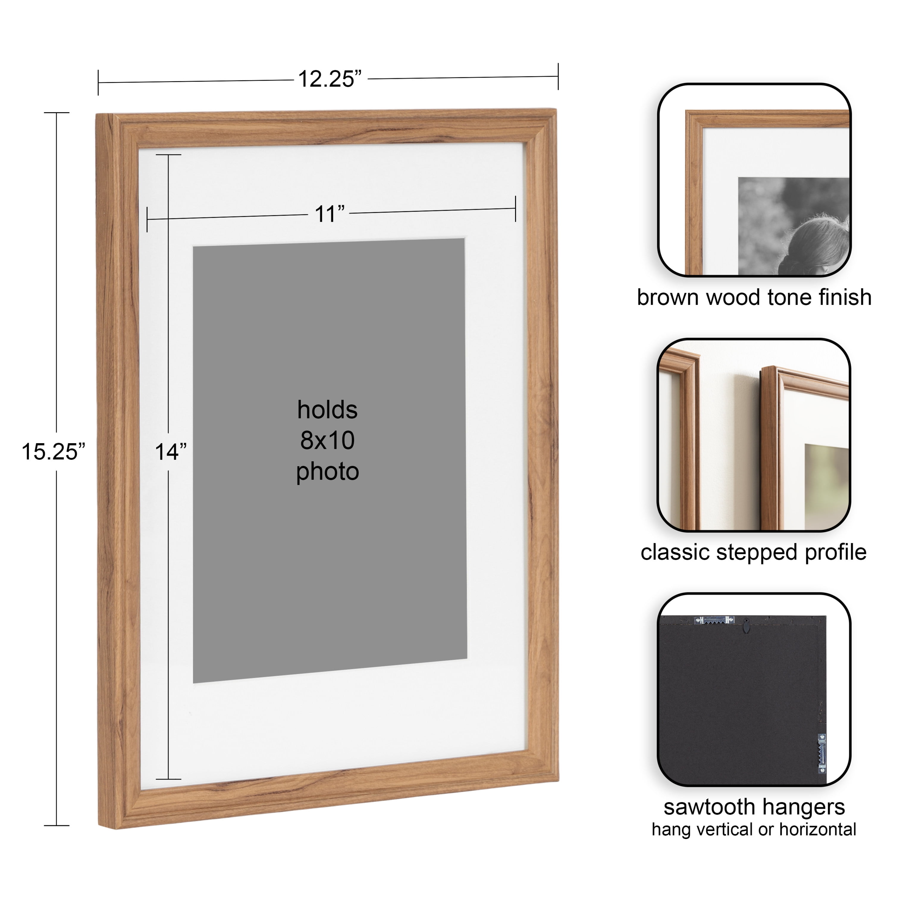 Kate and Laurel Adlynn Rectangle Picture Frame Set of 4, 11 x 14 matted to 8 x 10, Brown, Transitional Four-Piece Frame Set for Gallery Wall Frame Set in Living Room Wall Decor