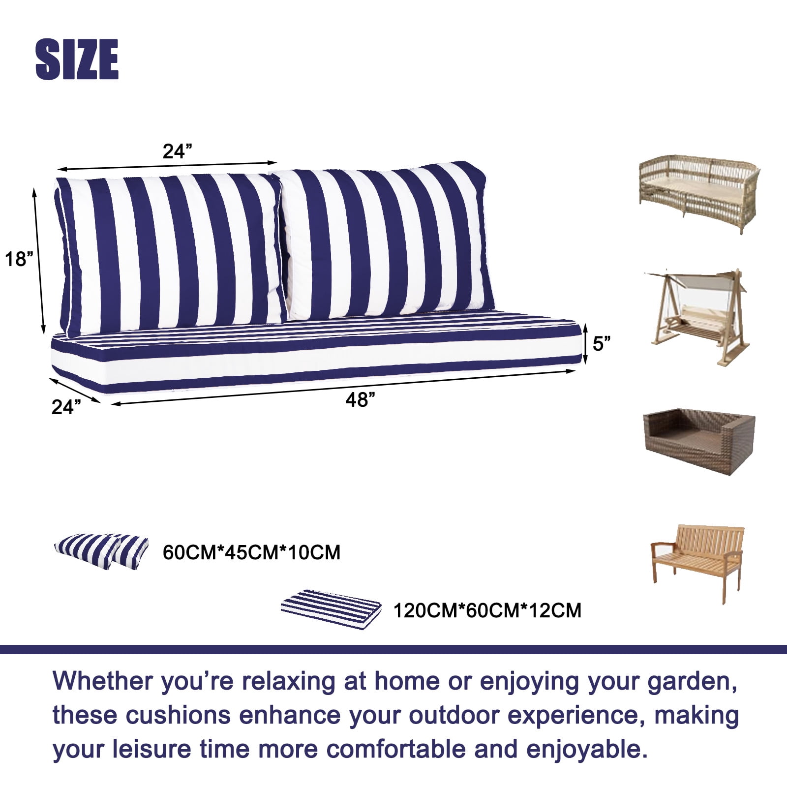 Outdoor Loveseat Cushion Set, 48 x 24 inch, Water Repellent Patio Furniture Cushions Replacement with Removable Cover(Blue White Stripe)