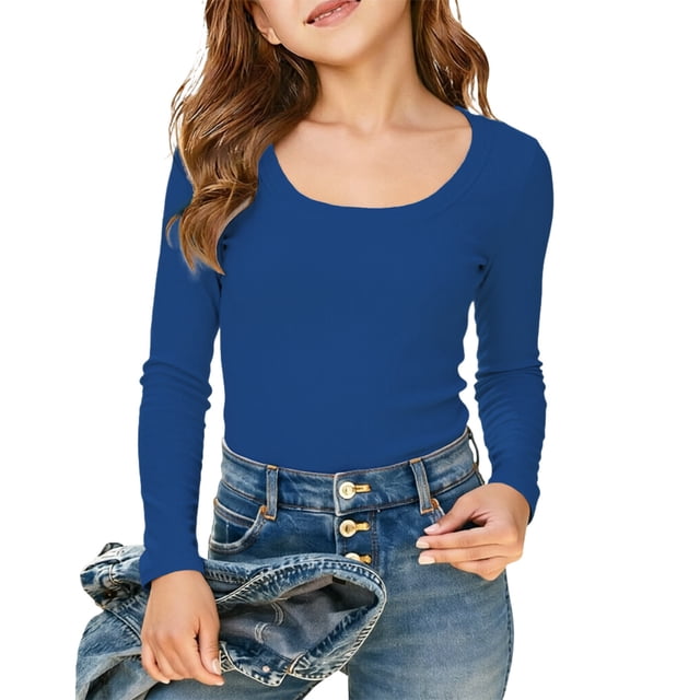 Rhuody Girl Spring Tops Long Sleeve Shirts Ribbed Layering Tops U Neck Slim Fit Basic Tee Undershirts Retro Wear Blue 13-14 Years