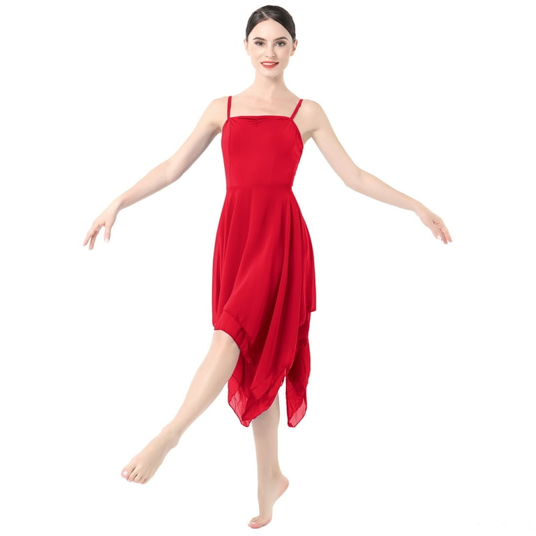 Ibtom Castle Women Lyrical Dance Dress Modern Contemporary Ballet Dancewear Spaghetti Strap Chiffon Flowy Dress M Red, Women's, Size: Medium