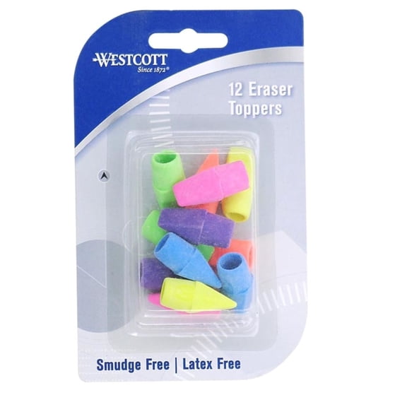 Westcott Pencil Cap Erasers, Assorted Neon Colors, 12-Pack