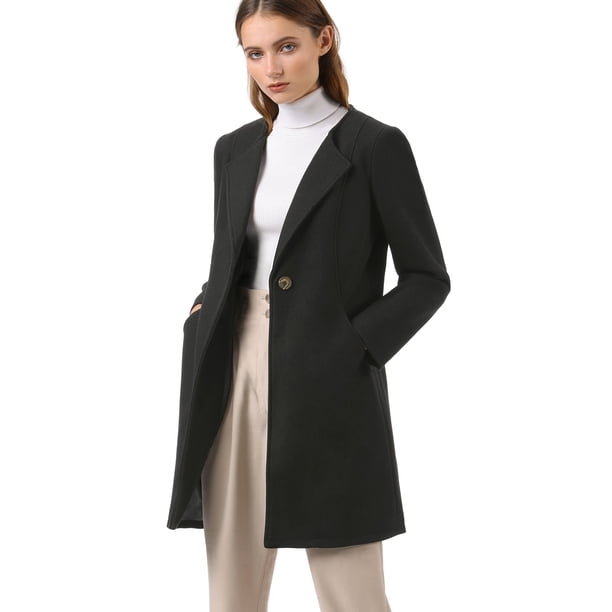Abrigo Largo De Invierno De Negocios Minimalista Sin Cuello De Longitud Media Para Mujer Negro XS