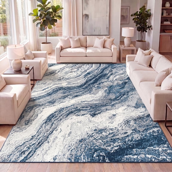 JONATHAN Y SUPERSOFT 3 x 5 Area Rug, Kassia Contemporary Glam Abstract Marble - Navy/Cream, SEU300B-3