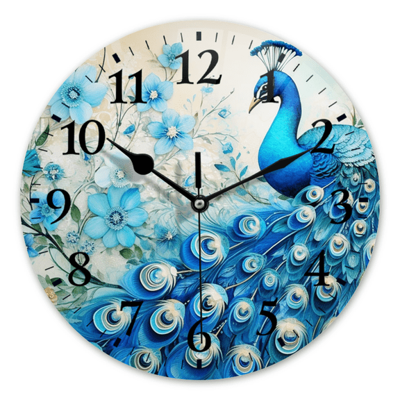 Non-Ticking Silent Wall Clocks Battery Operated Clock Modern Decor Wall Clocks for Bedroom,Bathroom,Kitchen-Blue Peacock Against Background Of Blue Flowers(16inch)