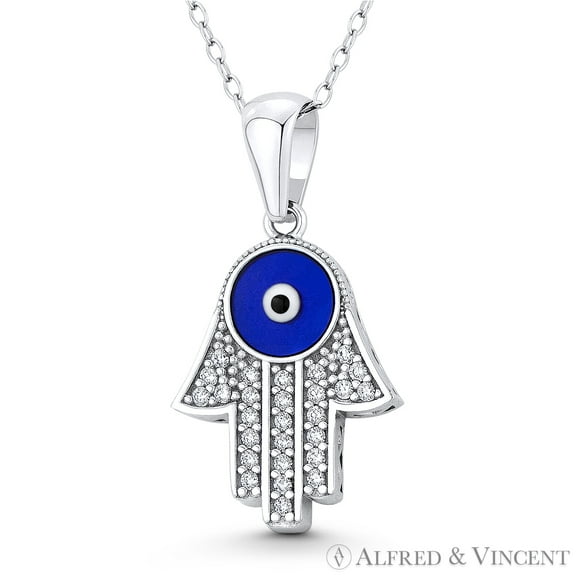 Hamsa Hand Evil Eye Charm CZ Crystal & Enamel Pendant & Chain Necklace in .925 Sterling Silver w/ Rhodium