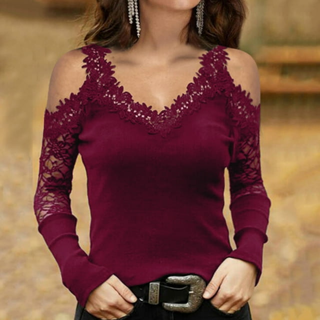 Women Off Shoulder Long Style Commuting Pullover V-neck Lace Bottoming Blouse