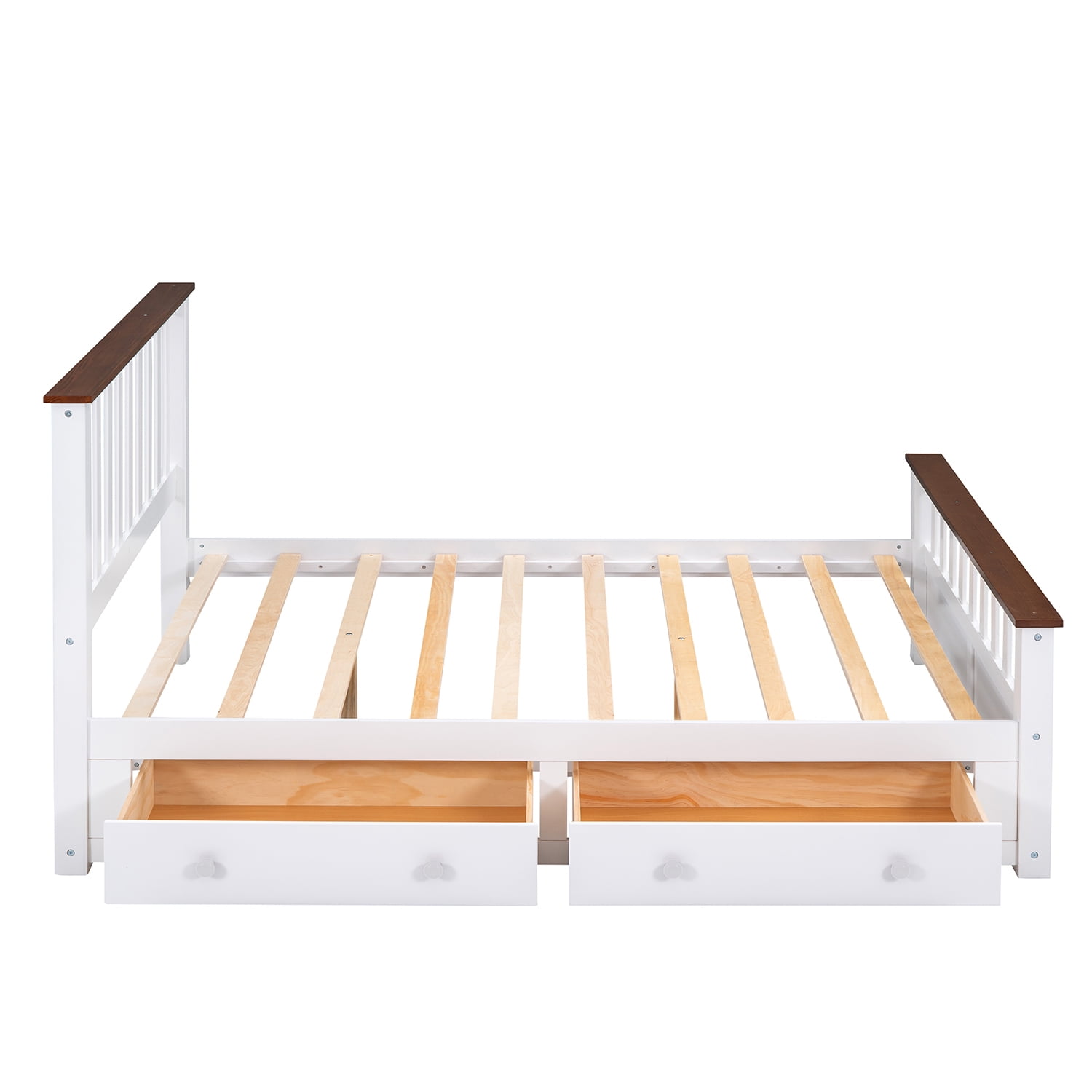 Kepooman Full Size Wood Platform Bed with Two Drawers and Wooden Slat Support, White & Walnut Kepooman Full Size Wood Platform Bed with Two Drawers and Wooden Slat Support, White & Walnut