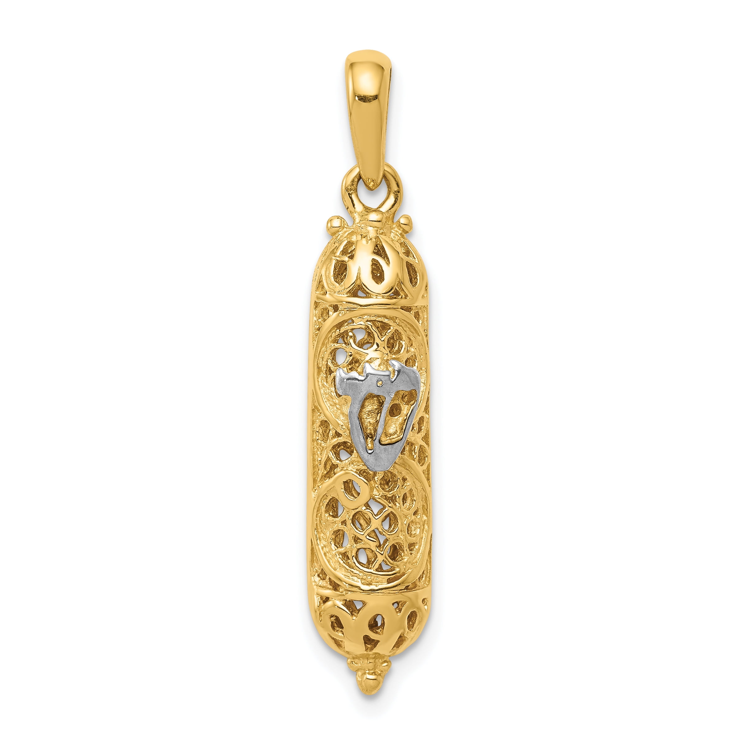 14k Two-Tone Yellow Gold Mezuzah Pendant With Shin Accent Symbol 35x7mm