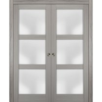 Sliding French Double Pocket Doors 64 x 96 inches Frosted Glass | Lucia 2552 Grey Ash | Kit Trims Rail Hardware | Solid Wood Interior Bedroom Sturdy Doors